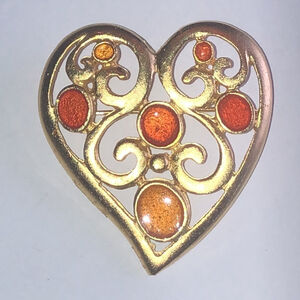 Gold Heart Brooch with Orange Accents